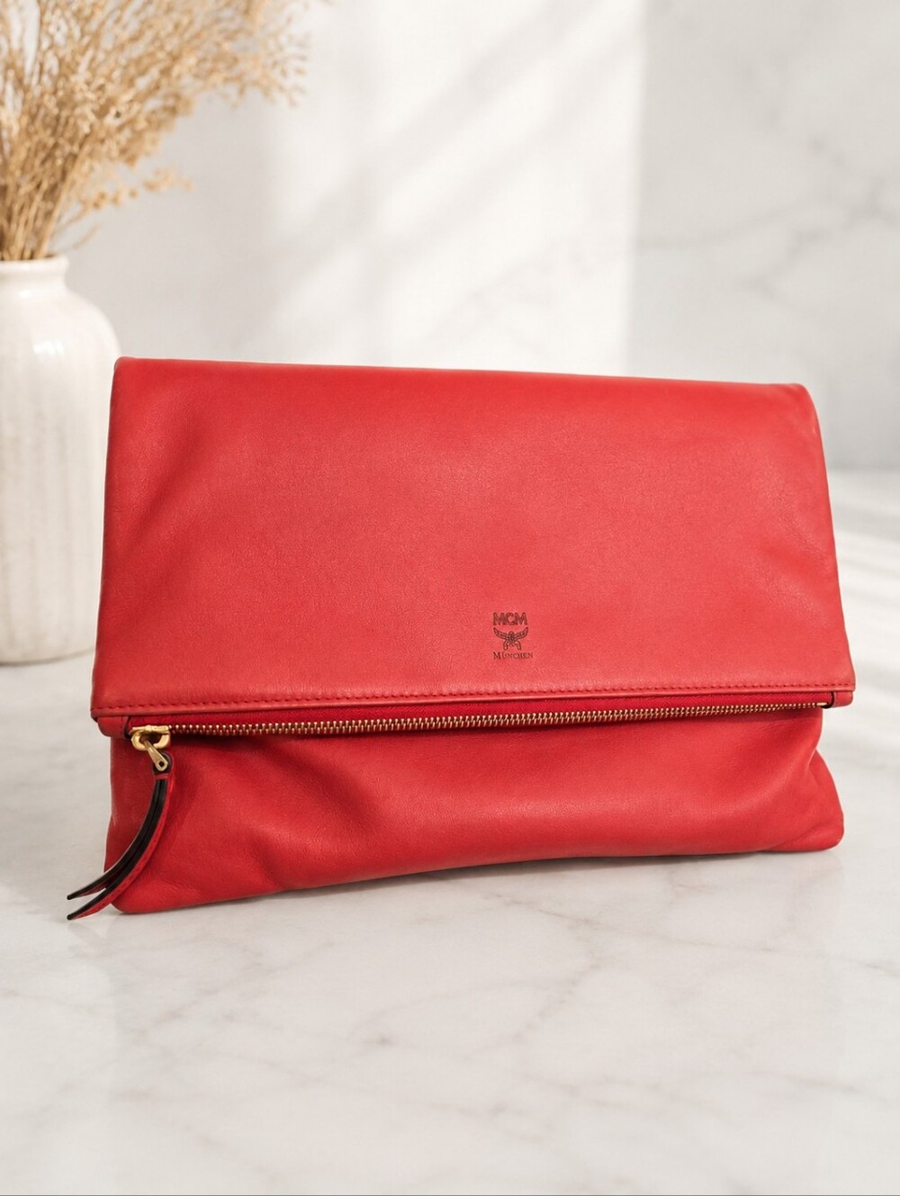 MCM Red Leather Foldover Zip Clutch/ Crossbody